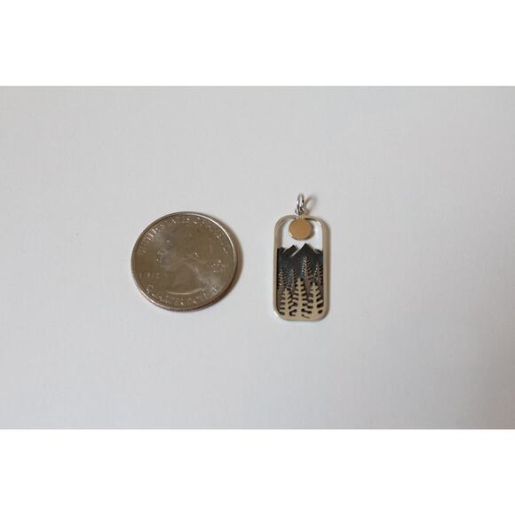 Sterling Silver Rectangle Pine Tree Charm with Bronze Sun - Picture 3 of 4